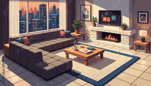 Cozy pixel art living room with a large sectional sofa, fireplace, and coffee table, bathed in warm sunset light from a window overlooking a vibrant pixelated cityscape
