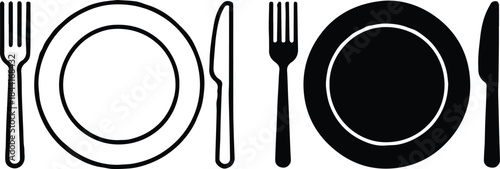 tableware place setting outline and silhouette vector icon set
