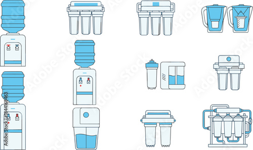 Water purification system illustration set with dispensers, filters, reverse osmosis units, clean drinking water equipment vector isolated on white background