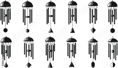 Wind chime silhouettes collection isolated on white background, hanging metal garden decor designs for relaxation, meditation, outdoor, illustration projects