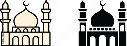 mosque vector icon with crescent moon and minarets in dual style design