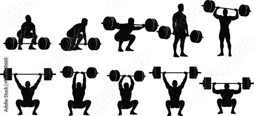 Weightlifting silhouettes set isolated on white background, athletes performing barbell squat, snatch and overhead press for fitness illustration design projects