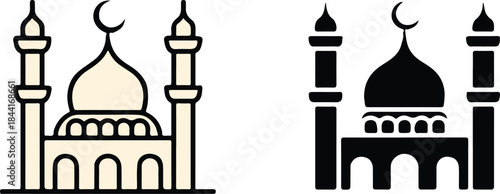 mosque outline icon with crescent moon and minarets in vector style