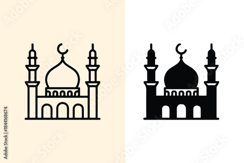 mosque silhouette icon with crescent moon and minarets on dual background