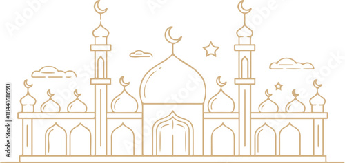 mosque ramadan eid vector with islamic domes, minarets and crescent moon