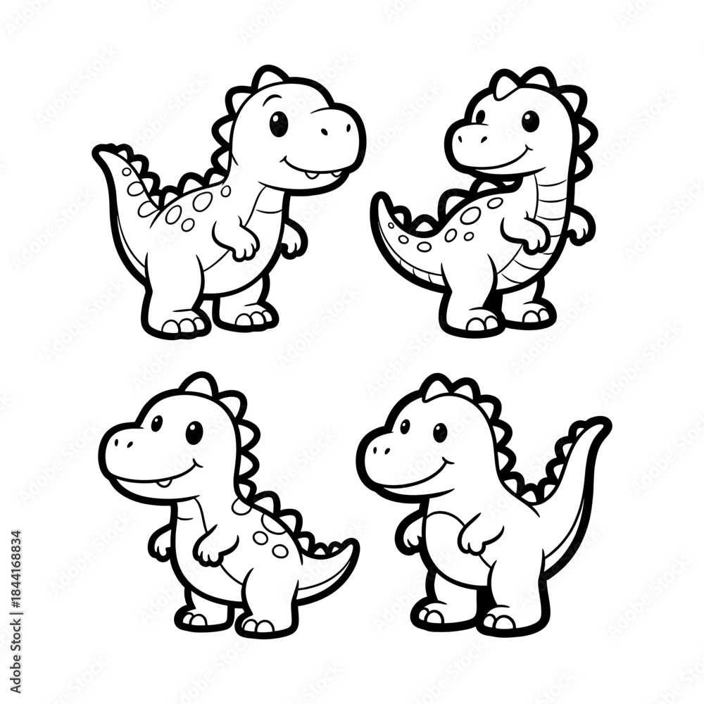 Obraz premium An adorable set of four playful cartoon baby dinosaurs with smiling faces, ideal for children's coloring pages, educational materials, or cheerful graphic design projects
