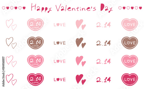 バレンタインのかわいい手描きハートのイラスト装飾素材セット