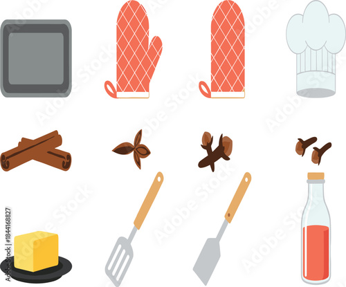 Set of Baking Tools Spices and Ingredients Vector Illustration Including Oven Mitt Chef Hat Cinnamon and Butter.