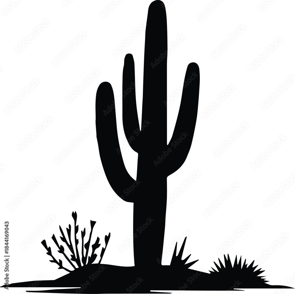 Fototapeta premium cactus desert vector with saguaro silhouette and dry ground illustration