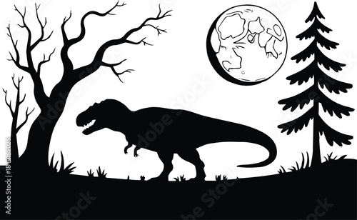 dinosaur silhouette fantasy forest moon trex vector composition