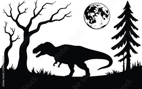 dinosaur silhouette jurassic creature night scene vector landscape