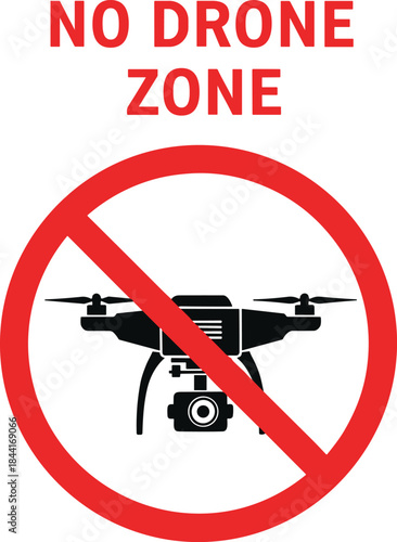 No drone zone sign illustration, drone prohibition warning symbol, restricted flying area notice, aviation safety vector isolated white background