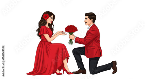 Passionate Romantic Proposal Man Kneeling Offering Red Roses to Woman Love Relationship Valentine's Day Illustration