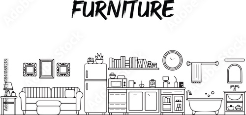 furniture interior kitchen bathroom living room home decor vector line art