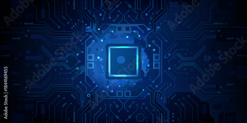 Abstract blue circuit board background with a central microchip design