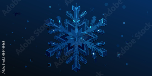A digital illustration of a complex glowing blue snowflake on a dark background