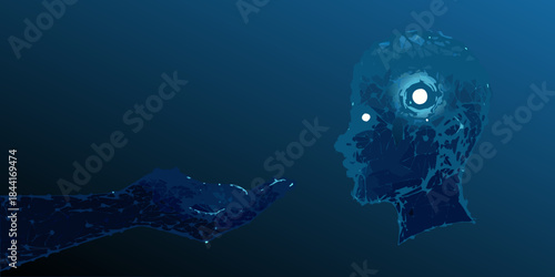 A digital human head with a glowing brain and outstretched hand in blue