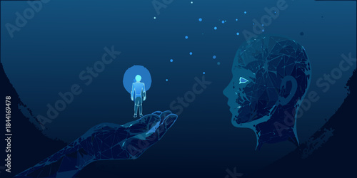 A digital mind cradling a glowing human figure in a deep blue space