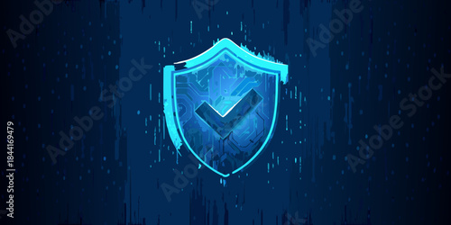 A glowing blue shield with a checkmark symbol represents digital security