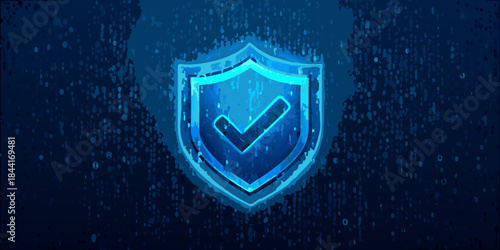 A glowing blue shield with a white checkmark symbol on a dark background