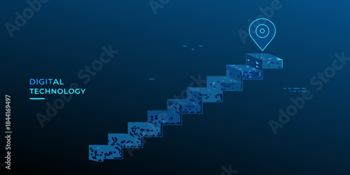 Digital technology advancement depicted as a staircase leading to a location marker