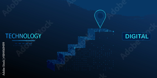 Digital technology progression a futuristic staircase leading to a location marker