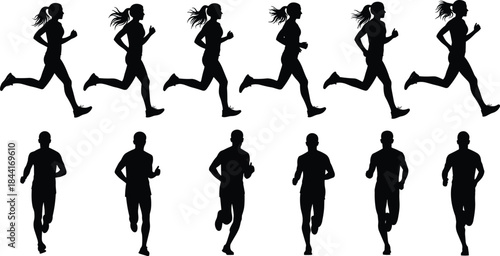 Running silhouette illustration set, female and male athletic poses, stride motion phases, black vector artwork, white background, sports theme