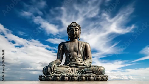 Serene Buddha Statue Meditating Under a Cloudy Blue Sky.