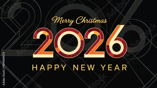 Happy New Year 2026 and Merry Christmas Graphic Design with Festive Colors and Art Deco Elements