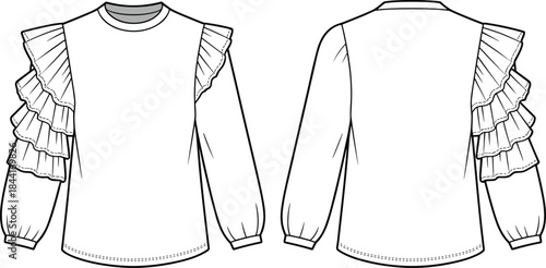 Technical fashion illustration of asymmetrical ruffle sleeve blouse with long sleeves, front and back views, clean vector line art