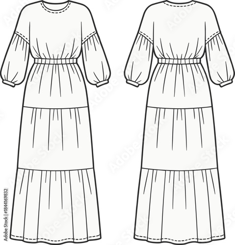 Technical fashion illustration of boho maxi dress with puff sleeves and elastic waist, front and back views vector line art