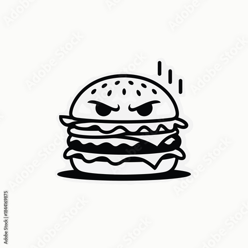 An angry cartoon hamburger with a frown and sesame seed bun