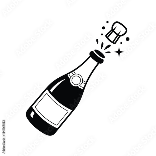 A popping champagne bottle with cork and sparkling stars illustration