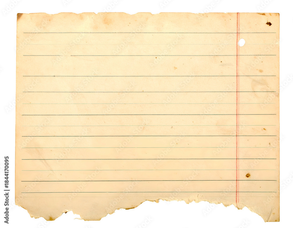 Fototapeta premium Aged, lined paper with torn edges and stains, grunge background