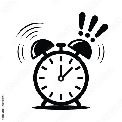 A black and white illustration of a ringing alarm clock is displayed