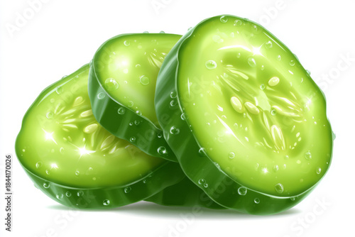 Juicy, vibrant cucumber slices with glistening water droplets, depicted in a realistic style on a clean white background, perfect for food, health, or wellness designs.