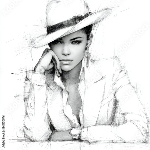 A stylish woman in a white suit and hat sits with a confident, intense gaze in a monochrome pencil sketch, conveying elegance and modern sophistication against a clean background.