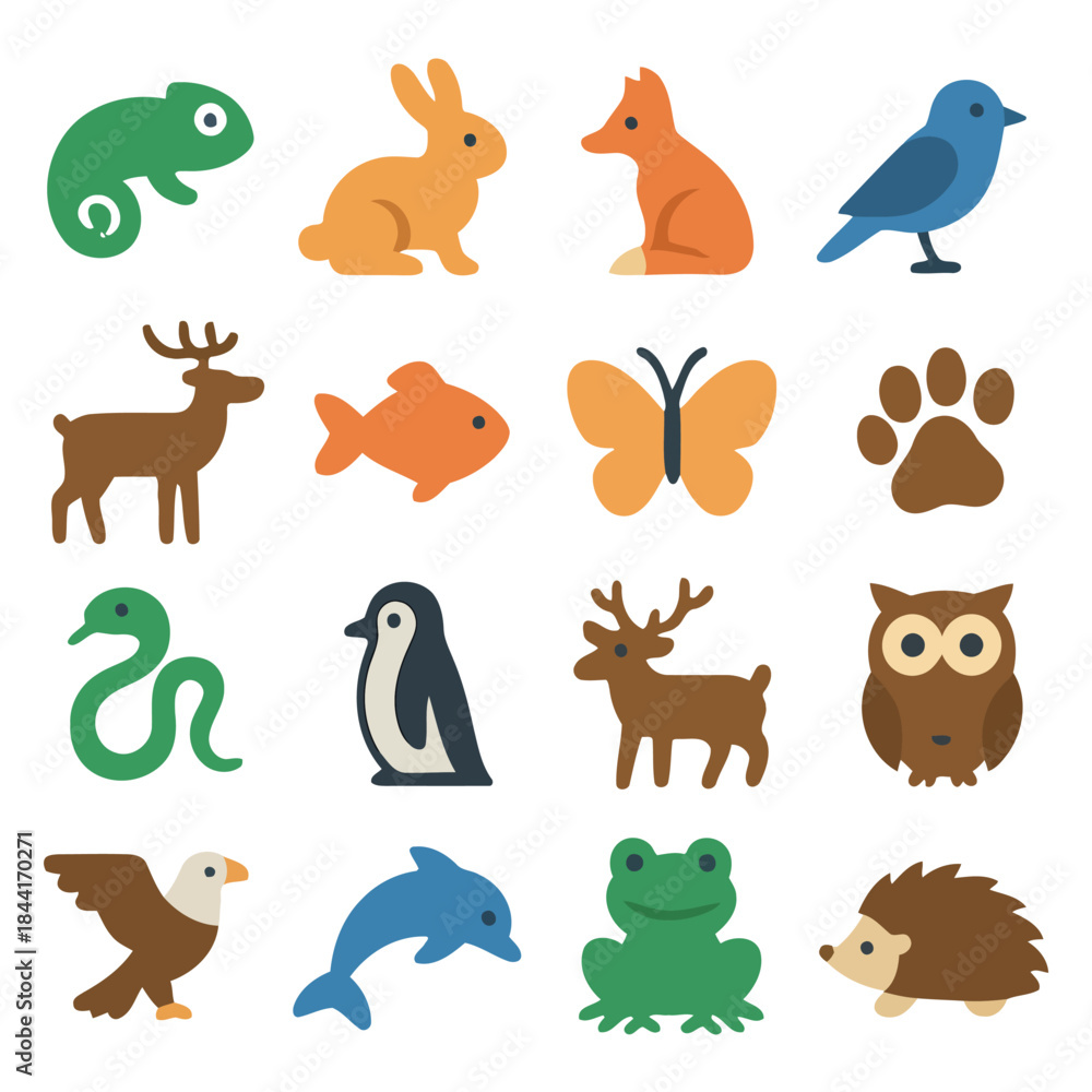 Naklejka premium Zoological Menagerie: A vibrant illustration showcasing a collection of diverse animals from around the world, each rendered in a distinct and charming style.