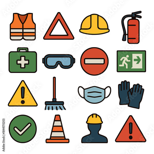 Safety First: a comprehensive visual guide with clear icons of necessary items for any worksite or environment, safety and protection are crucial.