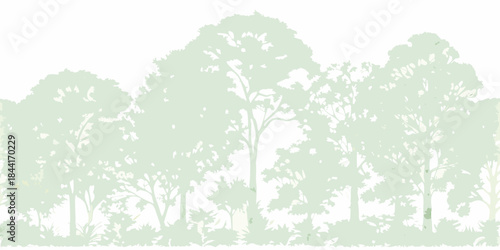 A muted green silhouette of a dense forest landscape with varied trees