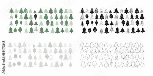 Various shades and styles of coniferous trees arranged in a grid pattern