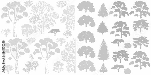 Collection of grayscale tree silhouettes in various shapes and sizes