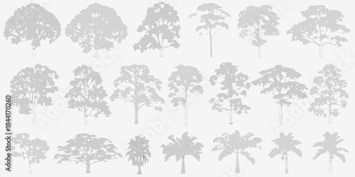 Collection of various tree silhouettes in shades of gray