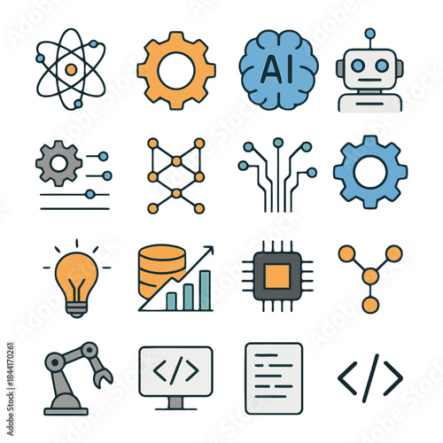 Innovation Icons: A collection of diverse and symbolic illustrations representing cutting-edge innovation and technological advancement.