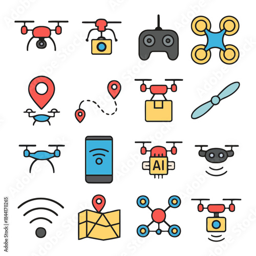 Drone Technology Icons: A colorful collection of drone icons featuring various designs, including different camera styles, controllers, and location symbols.