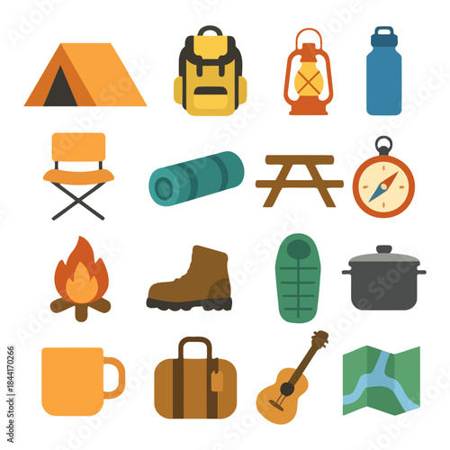 Camping Essentials: A vibrant collection of camping icons and gear against a clean backdrop, perfect for outdoor and travel concepts.