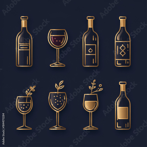 Stylish gold line art icons of wine bottles and glasses with decorative elements on a dark blue background, perfect for luxury branding, menus, or event invitations.