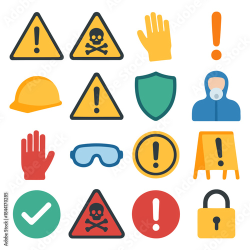 Safety Icons: Set of safety icons representing different hazard warnings and protective gear, a visual guide for workplace safety, promoting caution and awareness in various situations. 