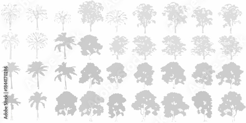 Variety of tree silhouettes arranged in a grid pattern grayscale illustration