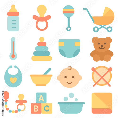 Essential Newborn Items Illustrated: A charming compilation of baby essentials, presented in a delightful and minimalist illustration style,perfect for promoting newborn and infant themes.